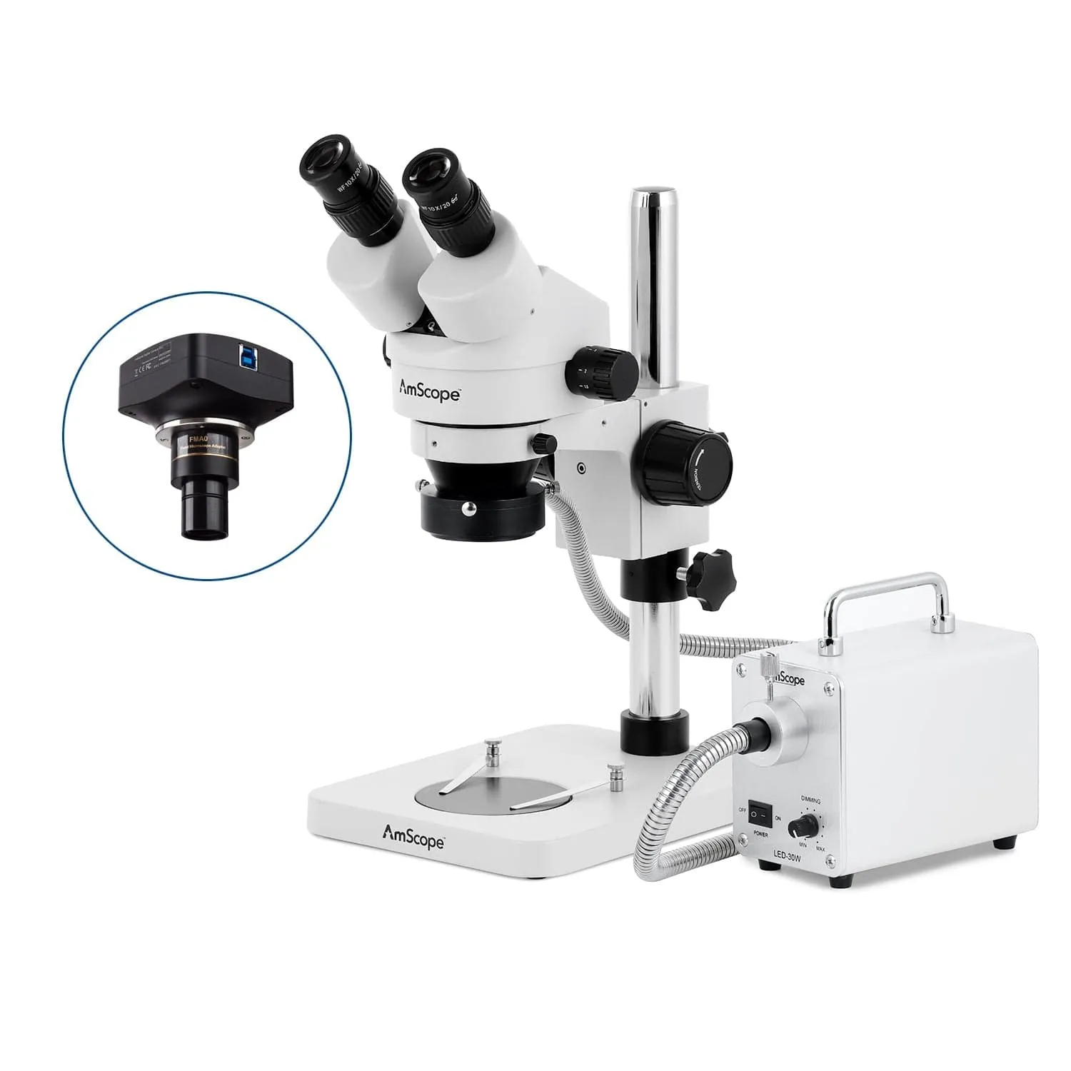 AmScope SM-1 Series Inspection and Dissecting Zoom Binocular Stereo Microscope with 30W LED Fiber Optic Ring Light and Optional Digital Camera on Compact Pillar Stand