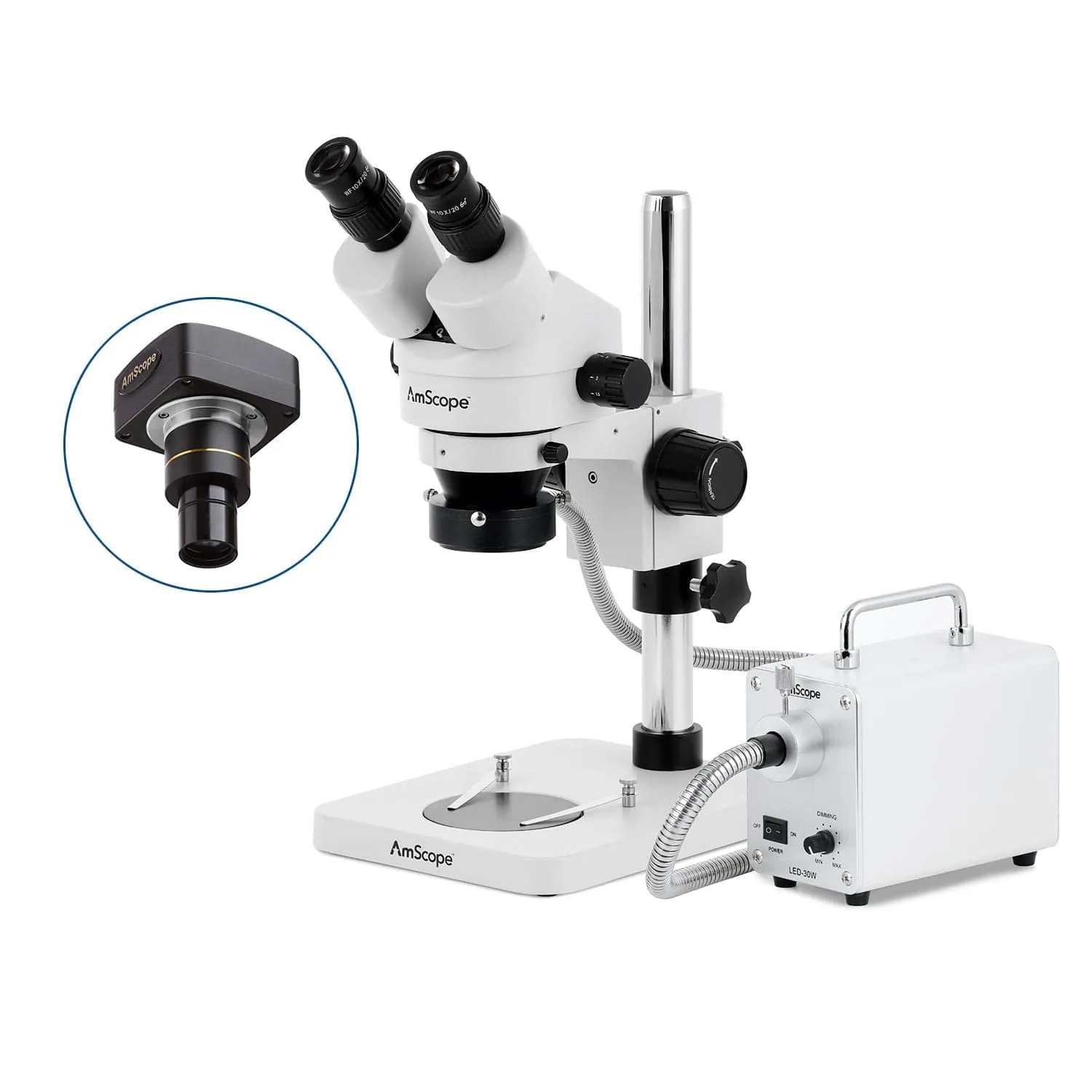 AmScope SM-1 Series Inspection and Dissecting Zoom Binocular Stereo Microscope with 30W LED Fiber Optic Ring Light and Optional Digital Camera on Compact Pillar Stand