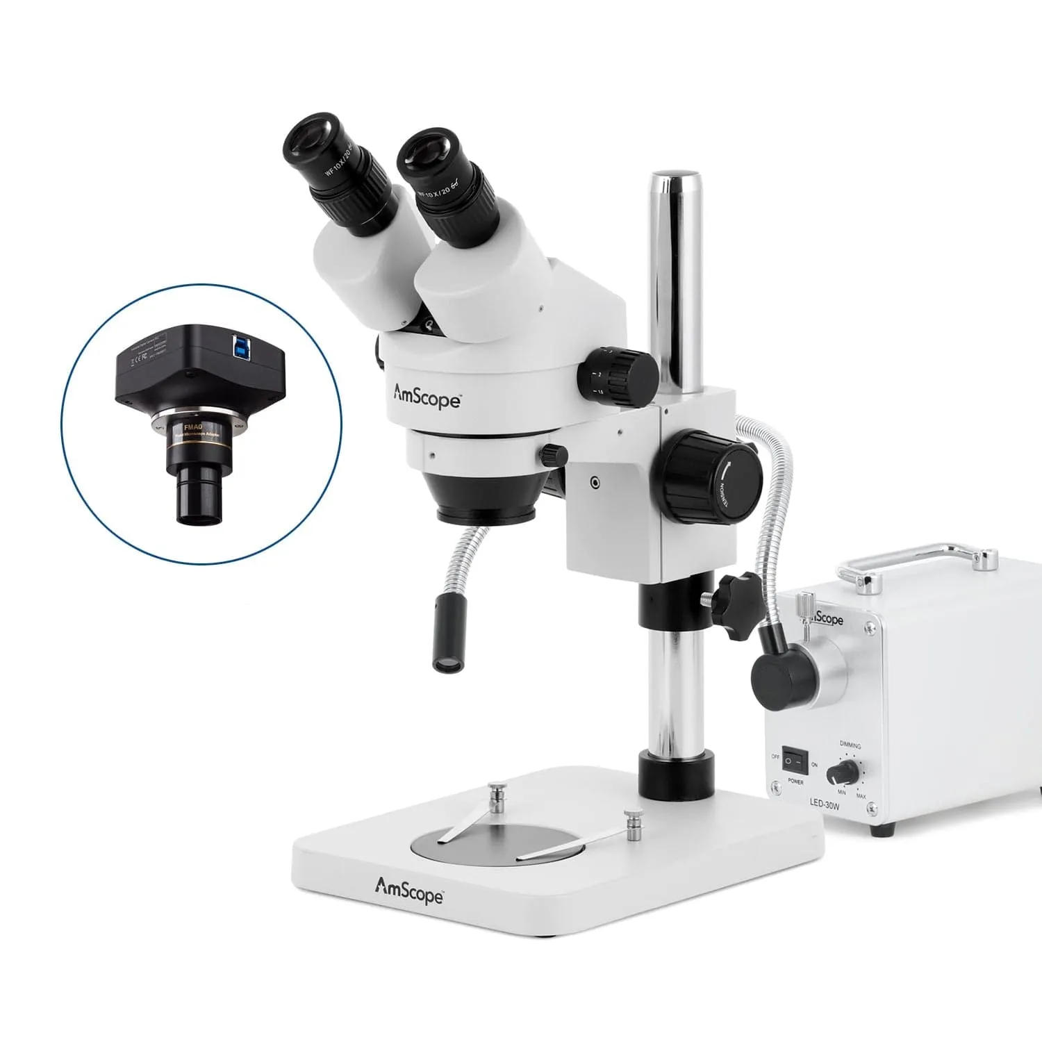 AmScope SM-1 Series Inspection and Dissecting Zoom Binocular Stereo Microscope with 30W LED Single Fiber Optic Gooseneck Light and Optional Digital Camera on Compact Pillar Stand