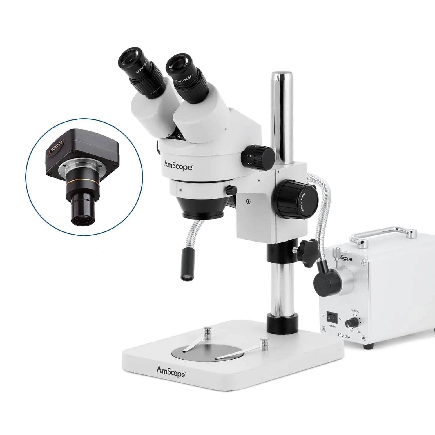 AmScope SM-1 Series Inspection and Dissecting Zoom Binocular Stereo Microscope with 30W LED Single Fiber Optic Gooseneck Light and Optional Digital Camera on Compact Pillar Stand