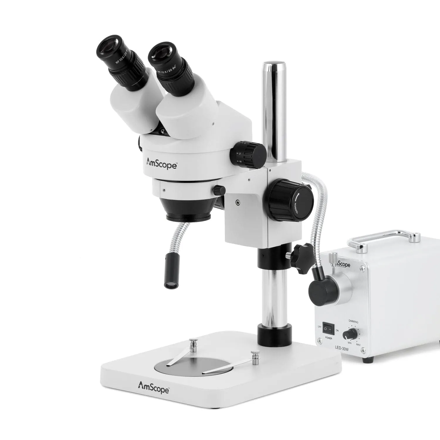 AmScope SM-1 Series Inspection and Dissecting Zoom Binocular Stereo Microscope with 30W LED Single Fiber Optic Gooseneck Light and Optional Digital Camera on Compact Pillar Stand