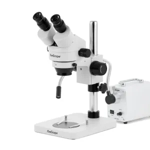 AmScope SM-1 Series Inspection and Dissecting Zoom Binocular Stereo Microscope with 30W LED Single Fiber Optic Gooseneck Light and Optional Digital Camera on Compact Pillar Stand