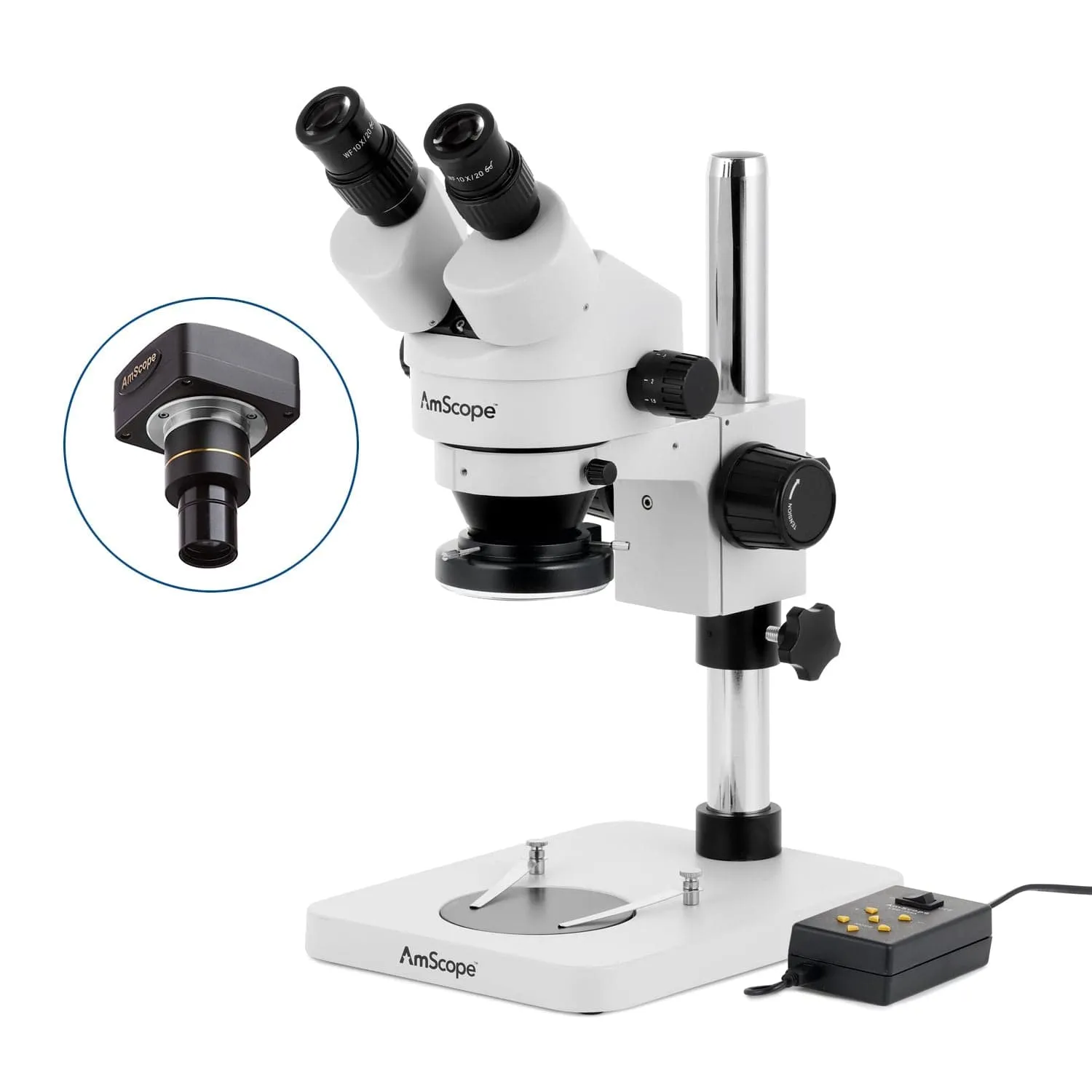 AmScope SM-1 Series Inspection and Dissecting Zoom Binocular Stereo Microscope w/Multi-Zone 144 LED and Optional Digital Camera on Compact Pillar Stand