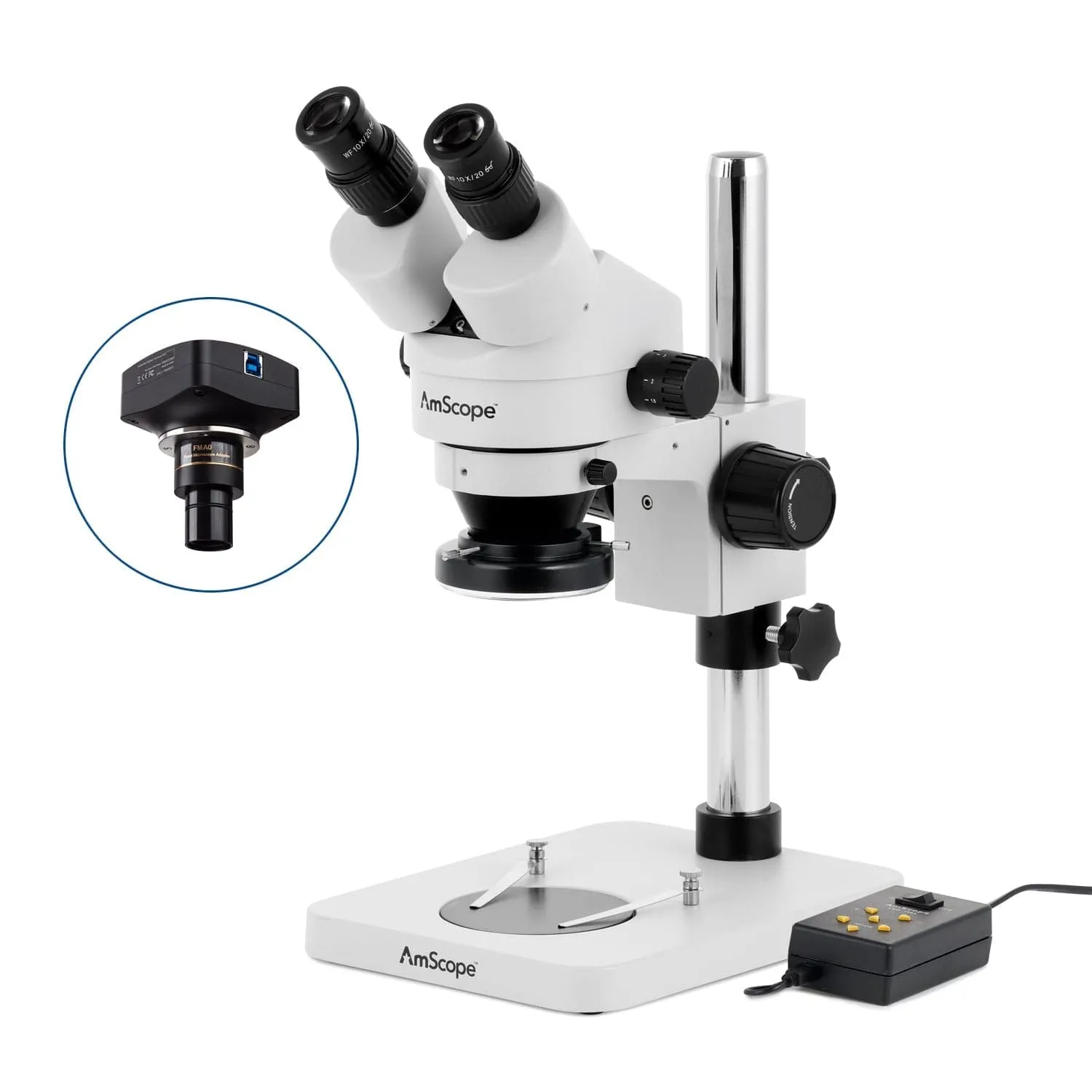 AmScope SM-1 Series Inspection and Dissecting Zoom Binocular Stereo Microscope w/Multi-Zone 144 LED and Optional Digital Camera on Compact Pillar Stand