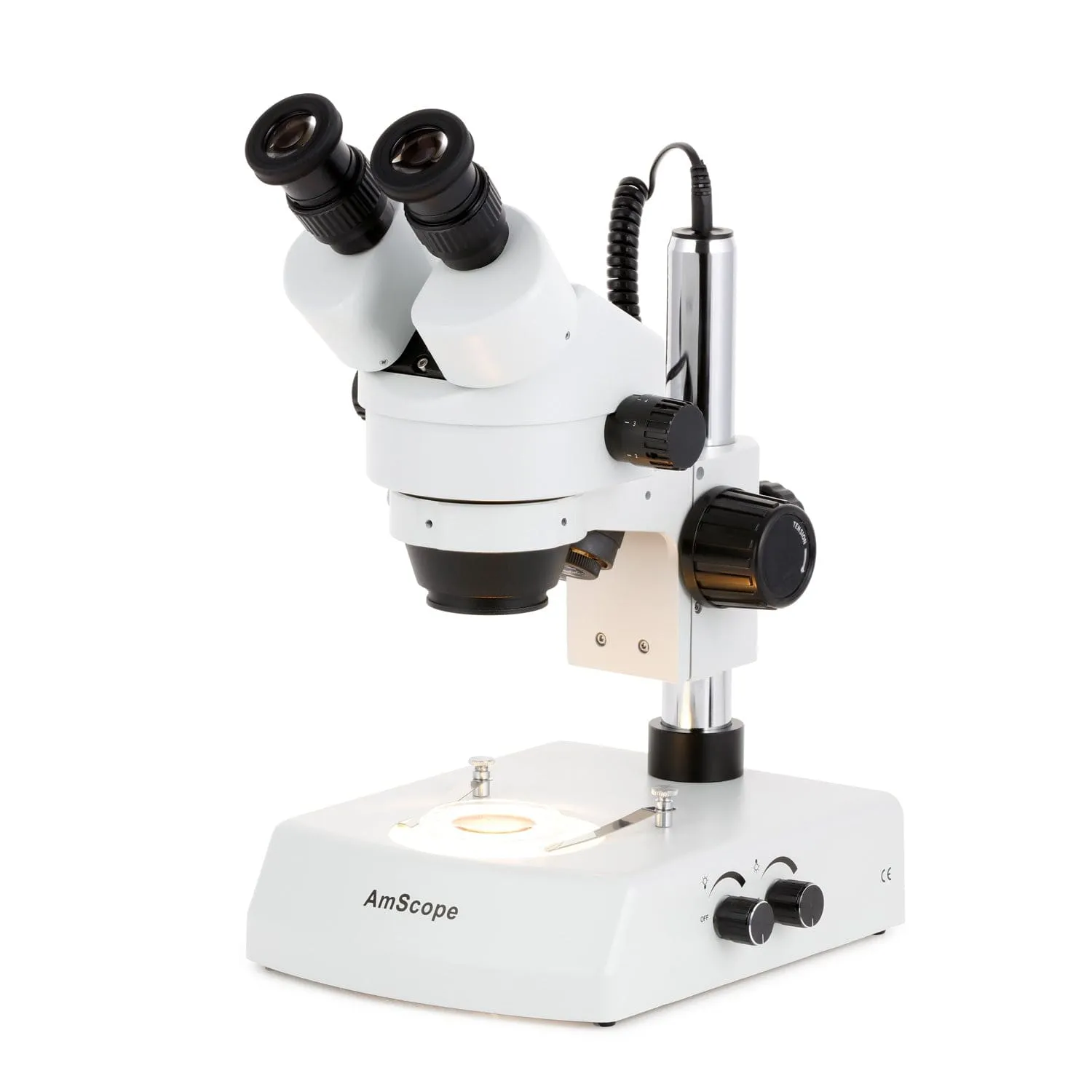 AmScope SM-2 Series Zoom Binocular Stereo Microscope on Pillar Stand with Dual Halogen Lights and Optional Digital Camera