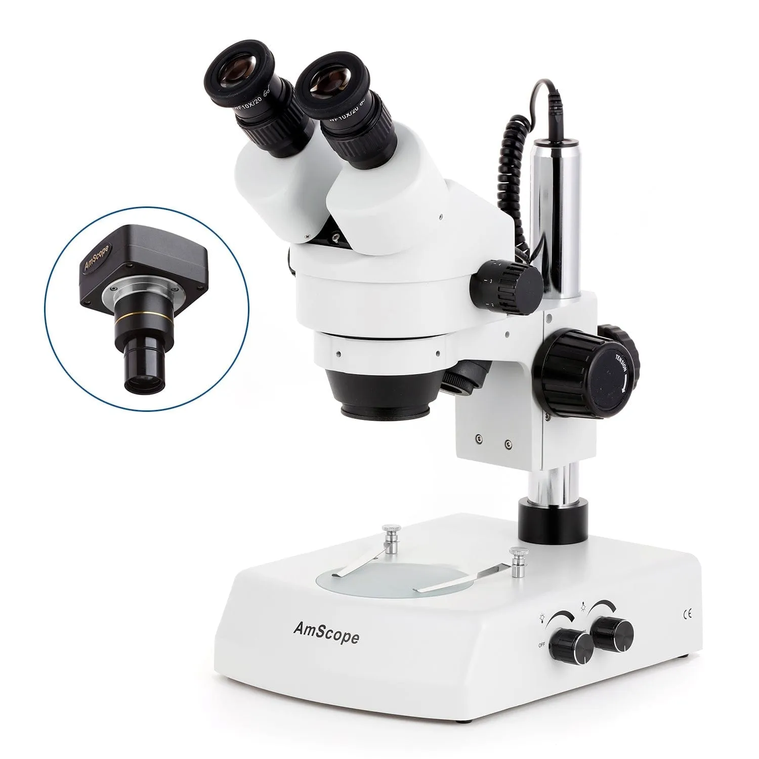 AmScope SM-2 Series Zoom Binocular Stereo Microscope on Pillar Stand with Dual Halogen Lights and Optional Digital Camera