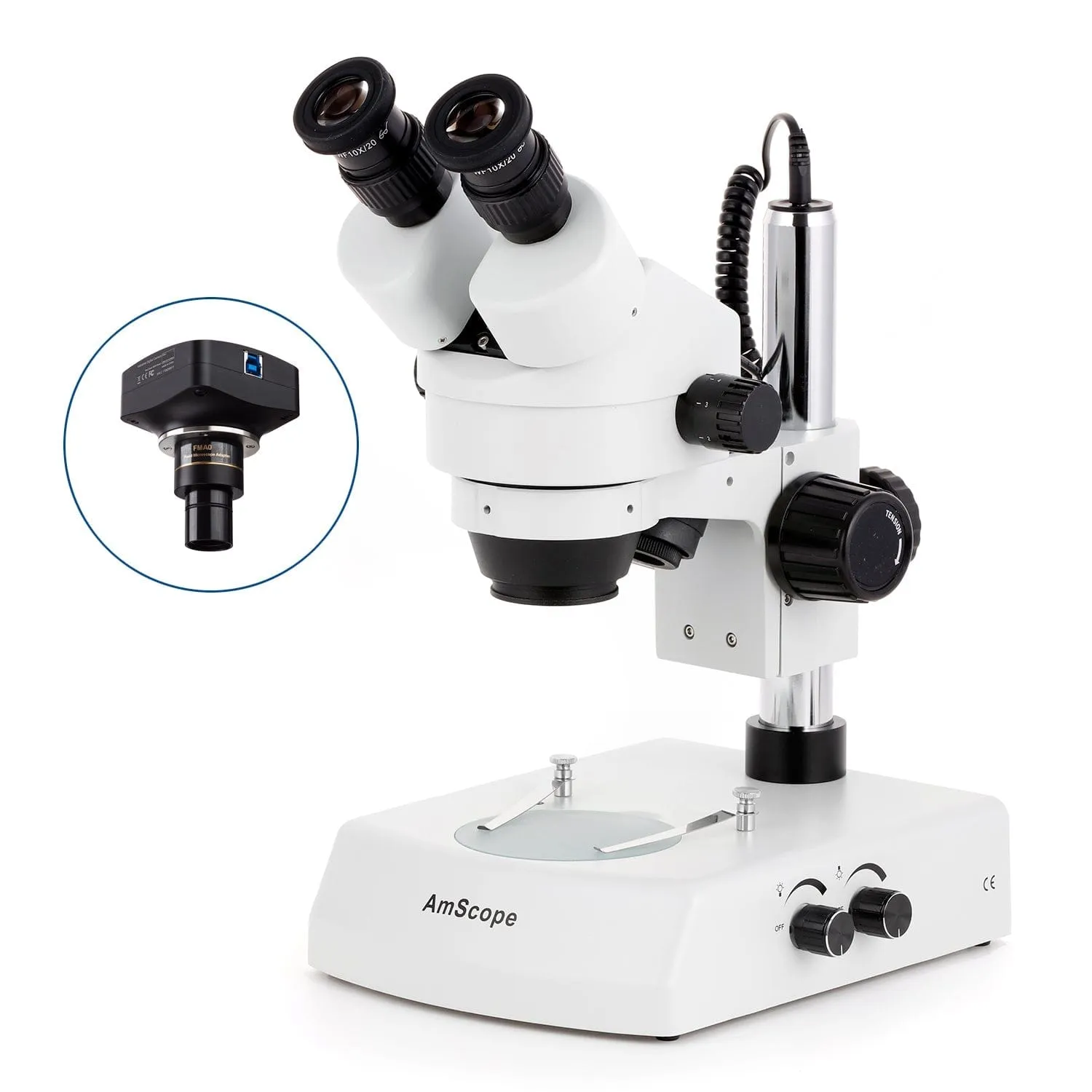 AmScope SM-2 Series Zoom Binocular Stereo Microscope on Pillar Stand with Dual Halogen Lights and Optional Digital Camera