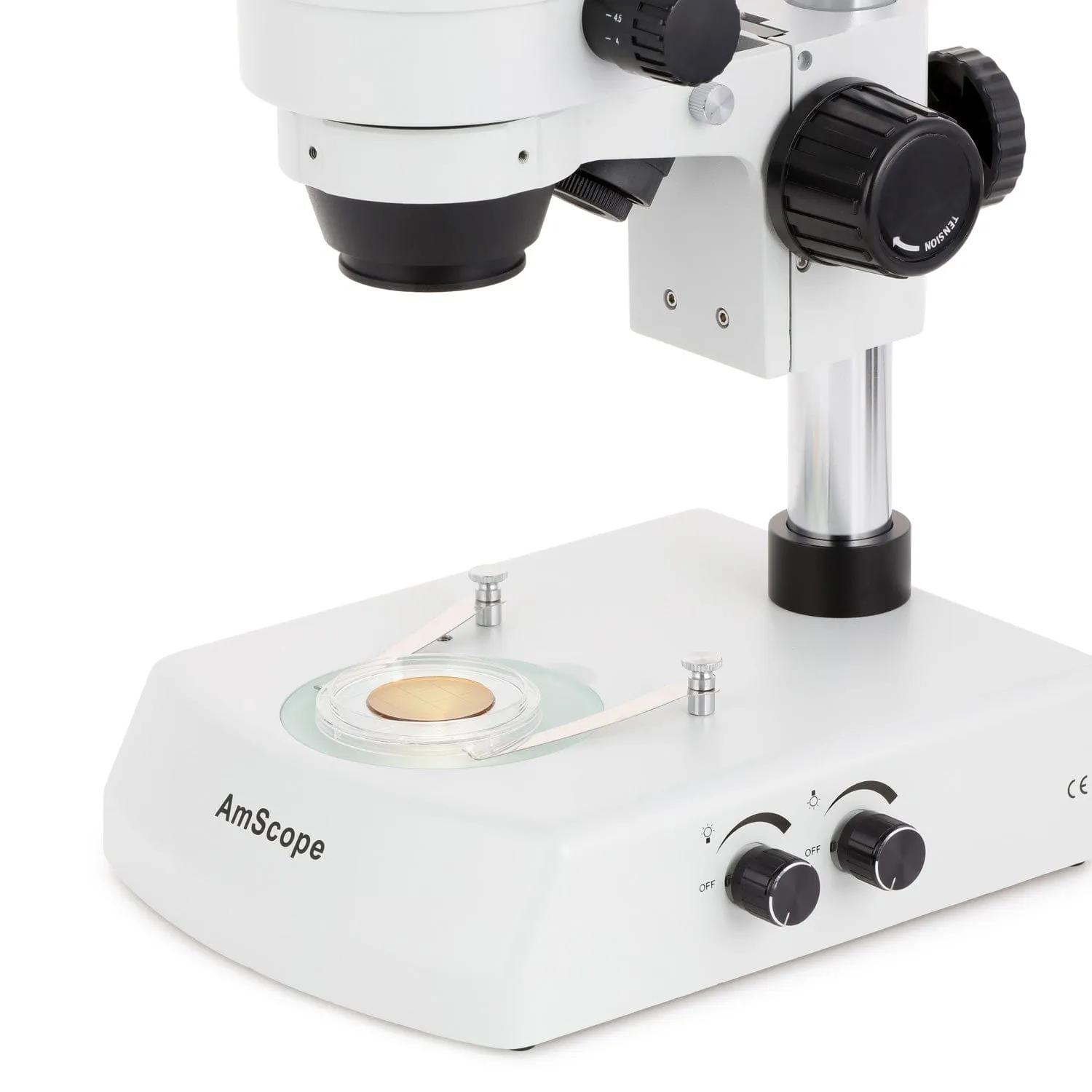 AmScope SM-2 Series Zoom Trinocular Stereo Microscope on Pillar Stand with Dual Halogen Lights and Optional Digital Camera
