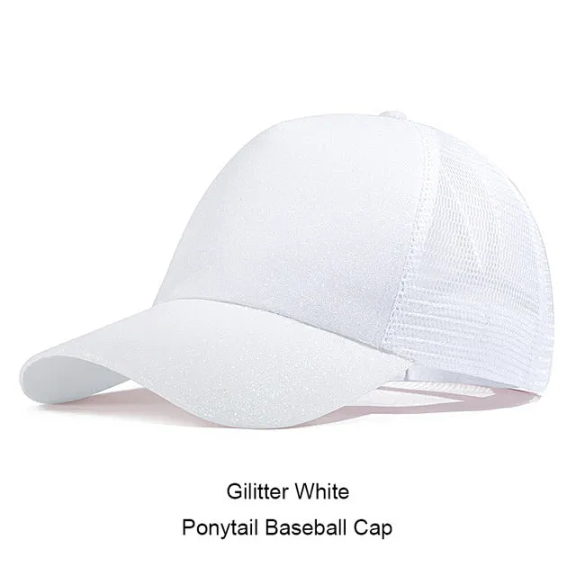 Casual Ponytail Baseball Cap Women Adjustable Snapback Hat Sequins Shine Hip Hop Caps For Women Dad Hat Summer Glitter Mesh Hats